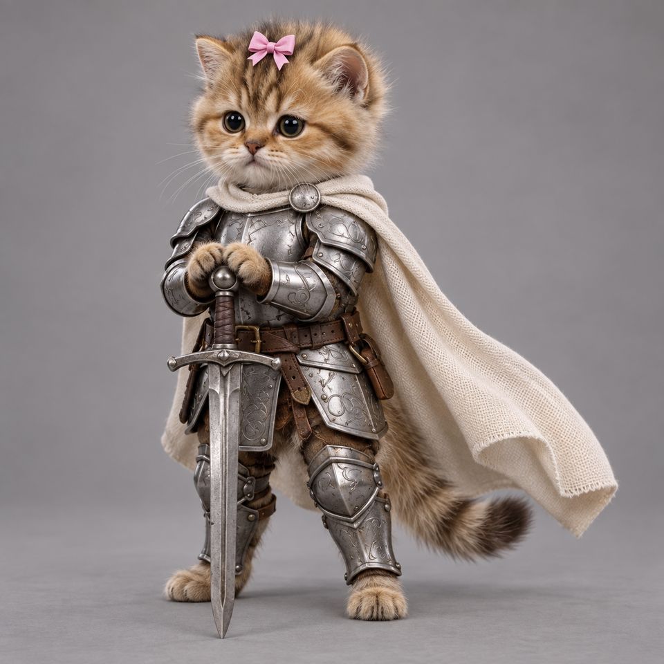 Bundle Cat, a small golden kitten in armour, resting both paws on a sword.