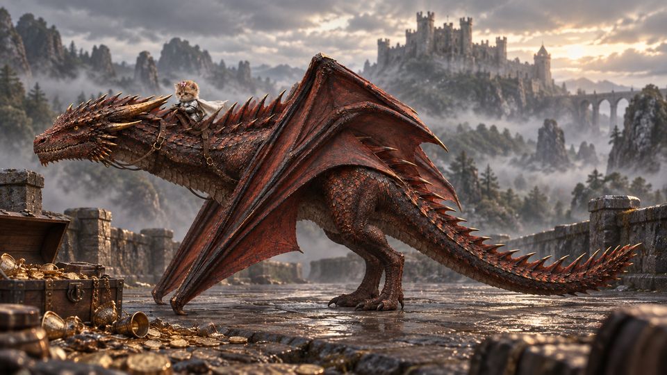 Aurum, a copper-scaled wyvern, stands on a misty stone rampart with the tiny armoured Bundle Cat riding on his back.